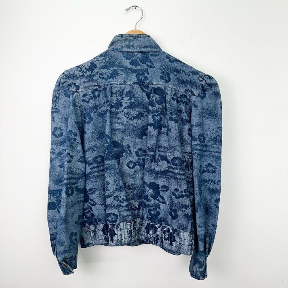 Learsi Women’s Vintage Hawaiian Hibiscus Floral Puff Sleeve Snap Jean Jacket - Picture 2 of 11